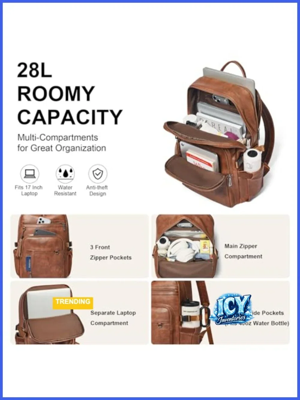 Vegan Leather Laptop Backpack with Anti-Theft Pocket and Tumbler Holder